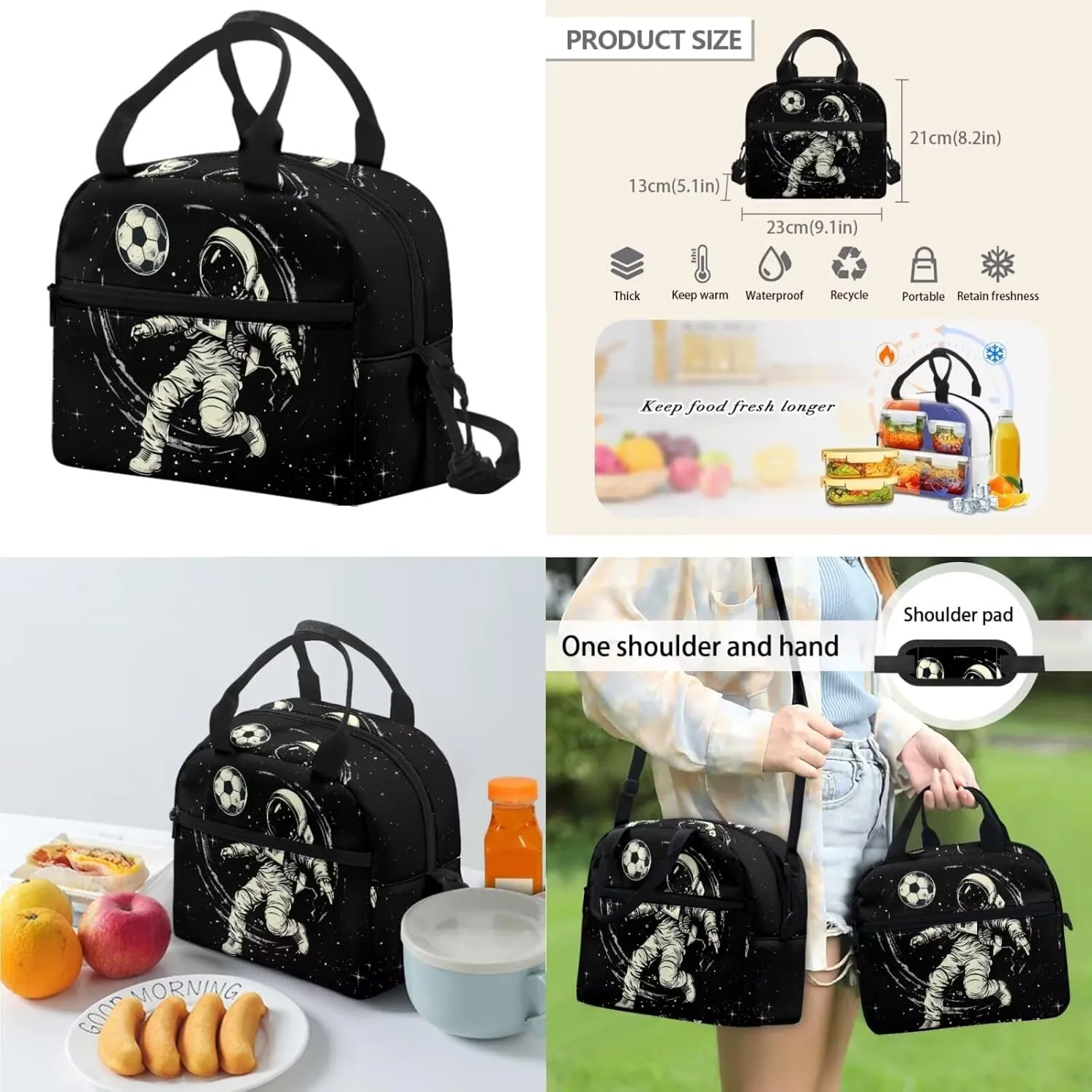 Astronaut Backpack for Kids 3 in 1 Lightweight Portable Kids Lunch Bag Boys Soccer Practical Bookbag for Boys with Lunch Box for Traveling Classic Black Pencil Case