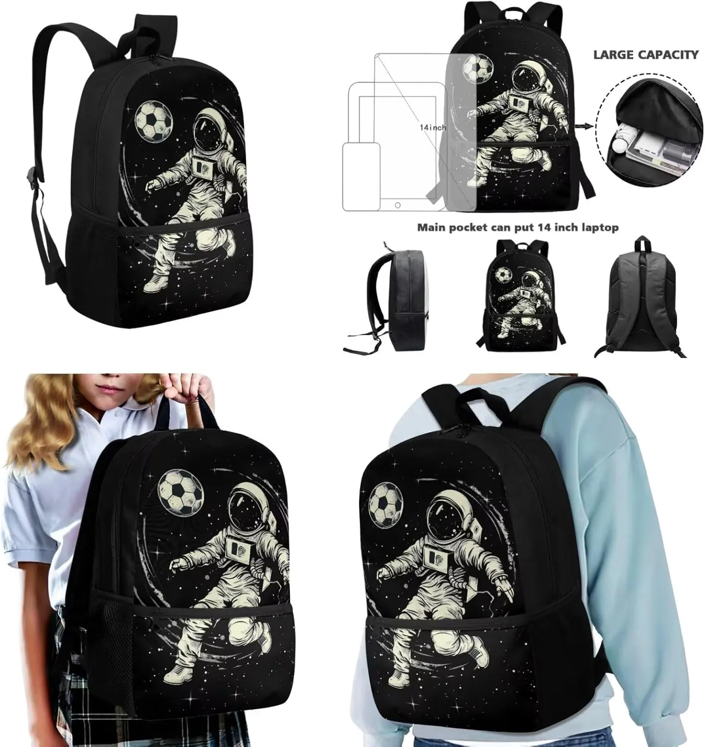 Astronaut Backpack for Kids 3 in 1 Lightweight Portable Kids Lunch Bag Boys Soccer Practical Bookbag for Boys with Lunch Box for Traveling Classic Black Pencil Case