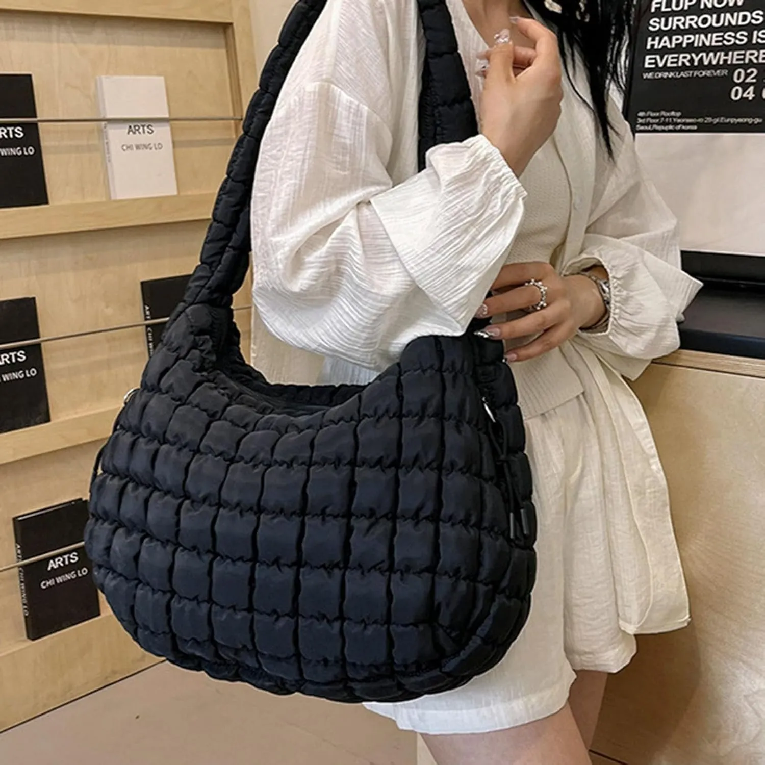 Beach Bag For Woman Large Quilted Carryall Puffer Shoulder Bag Lightweight Quilted Padding Hobo Bag Quilted Bag A