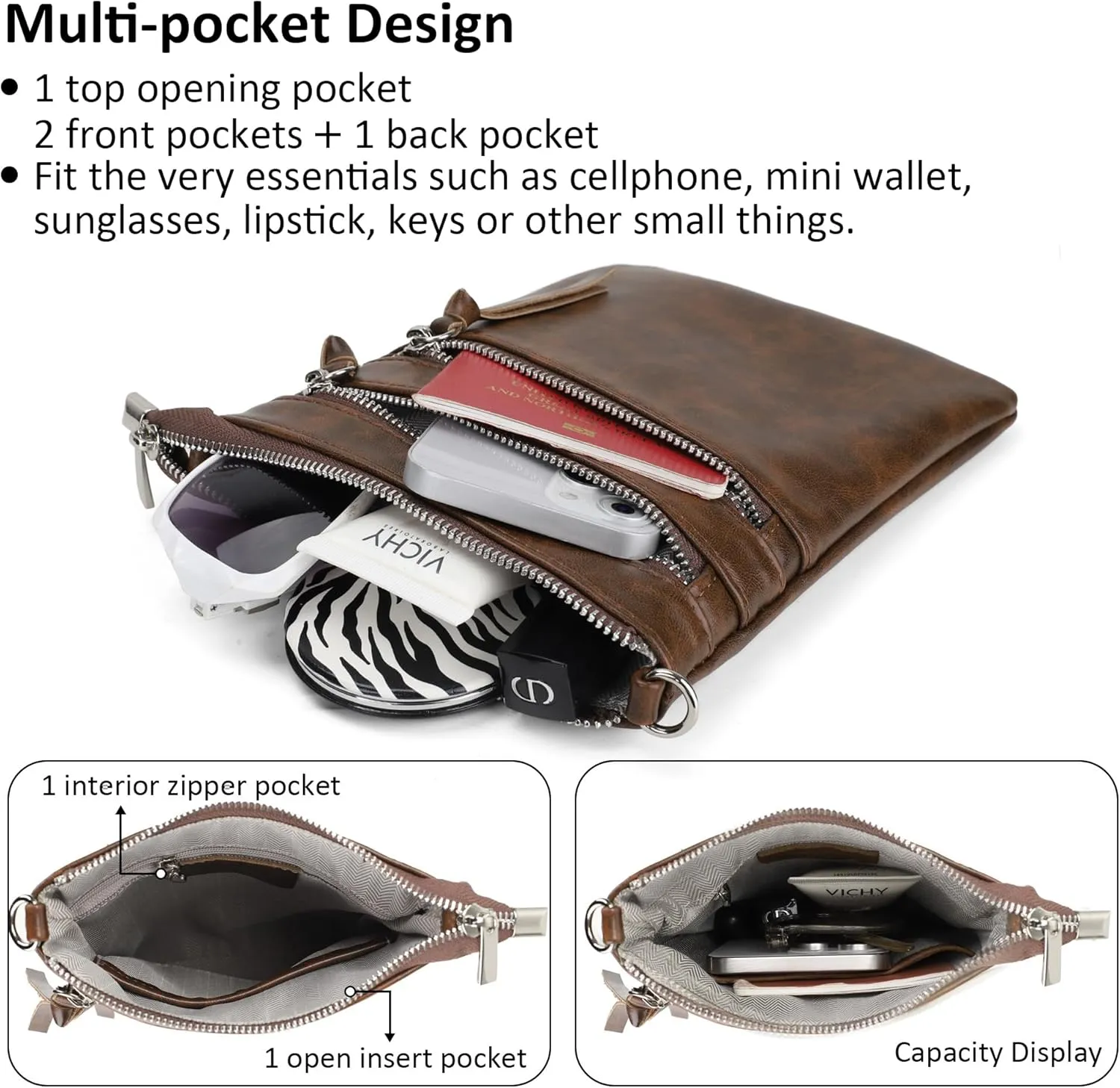befen Small Genuine Leather Crossbody Purses for Women Trendy Travel Shoulder Handbags with Multiple Zipper Pockets