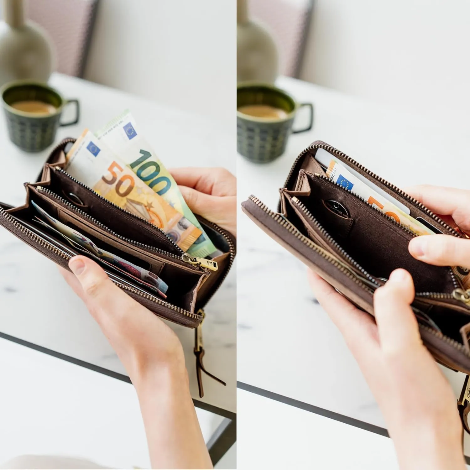 BERLINER BAGS Vintage Genuine Leather Wallet Palma, RFID Blocking Credit Card Holder, Slim Womens Wallet, Zip Around Wallet for 14 Cards, Bills, Coins, ID Window - Brown