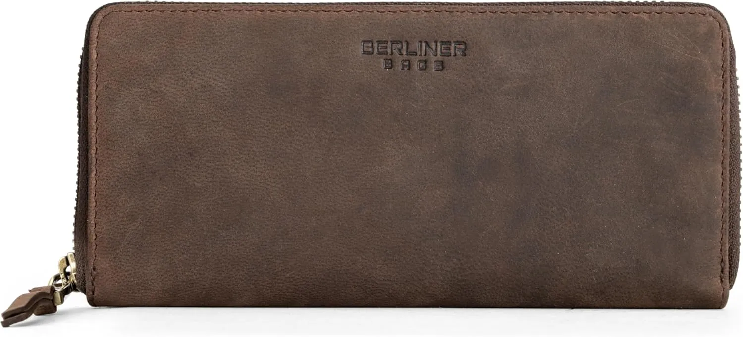 BERLINER BAGS Vintage Genuine Leather Wallet Palma, RFID Blocking Credit Card Holder, Slim Womens Wallet, Zip Around Wallet for 14 Cards, Bills, Coins, ID Window - Brown