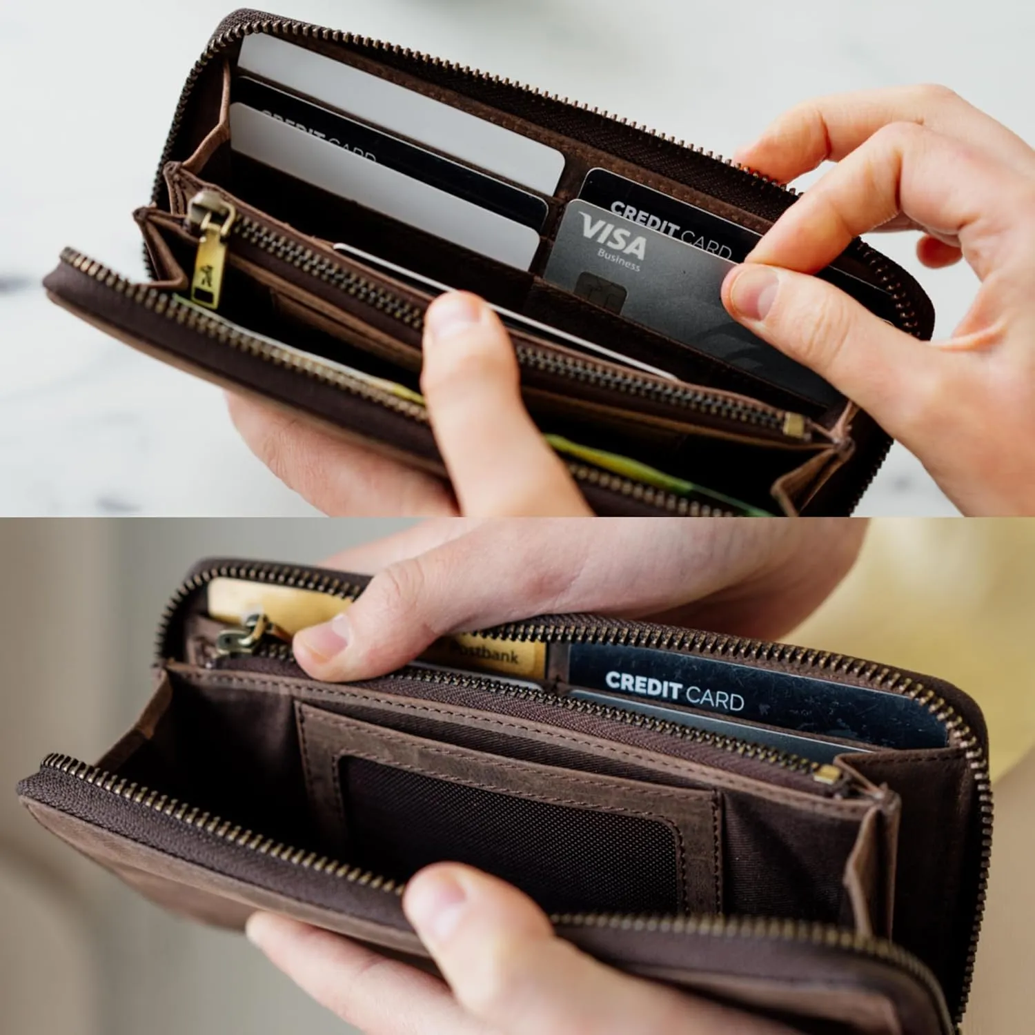 BERLINER BAGS Vintage Genuine Leather Wallet Palma, RFID Blocking Credit Card Holder, Slim Womens Wallet, Zip Around Wallet for 14 Cards, Bills, Coins, ID Window - Brown