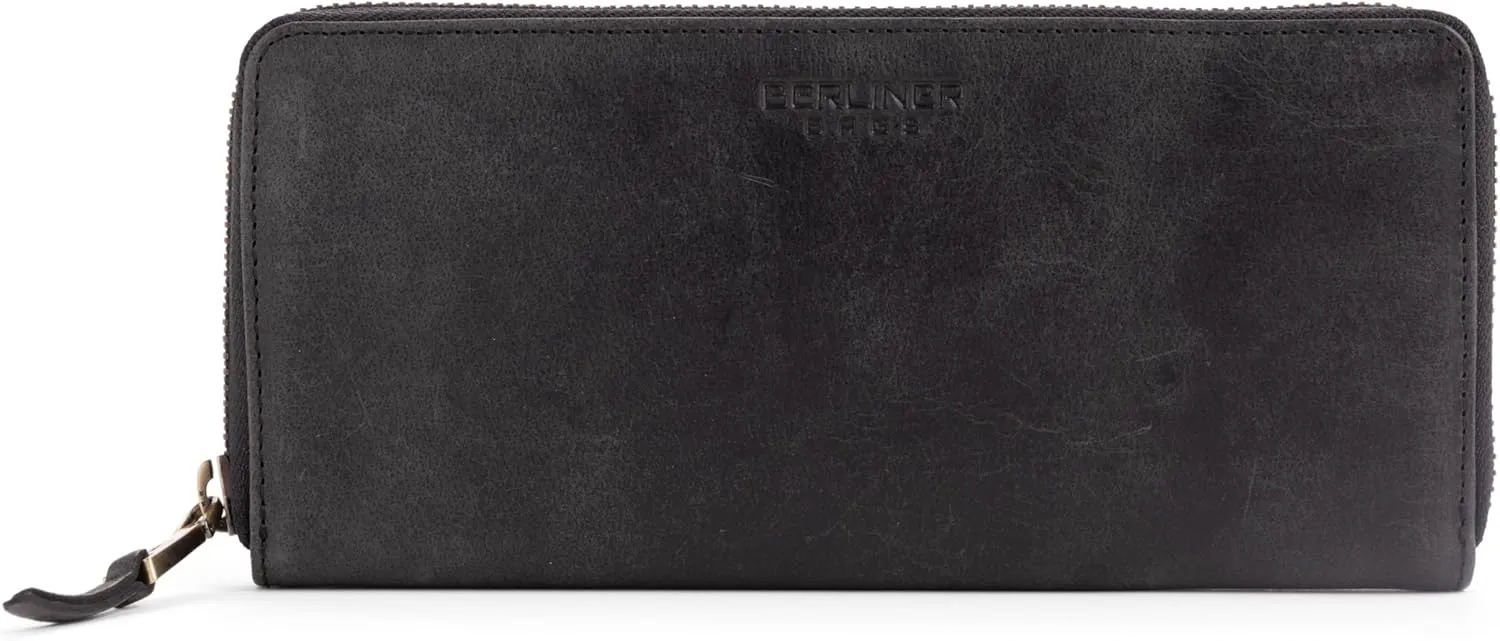 BERLINER BAGS Vintage Genuine Leather Wallet Palma, RFID Blocking Credit Card Holder, Slim Womens Wallet, Zip Around Wallet for 14 Cards, Bills, Coins, ID Window - Dark Grey