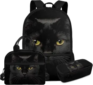 Black Cat Boys Backpack 10-12 Years Old with Lunch Box Set of 3 Lightweight 17 Inch Bookbag for Teenage Boys Classic Practical Insulated Lunch Bags for Camping