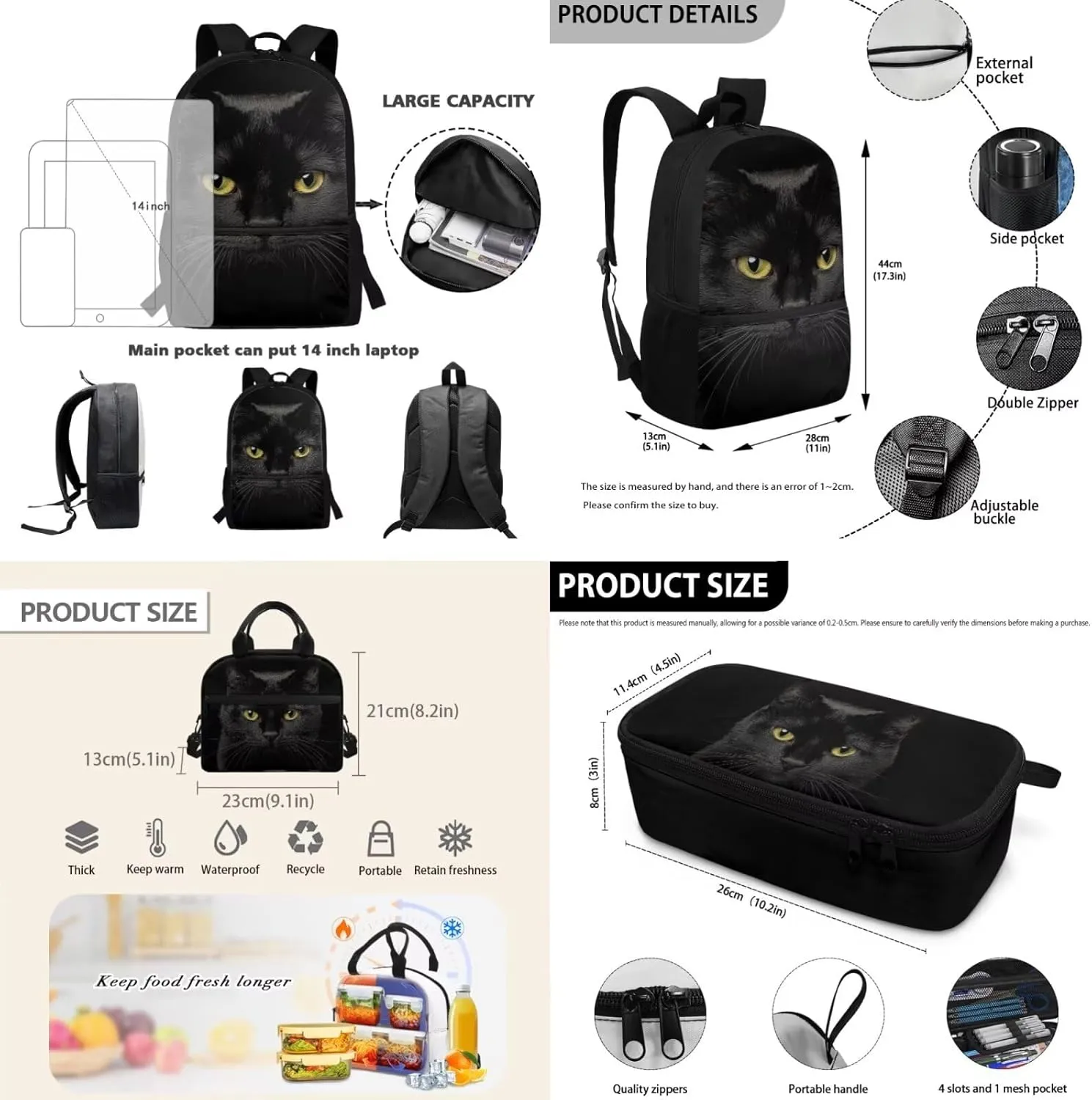 Black Cat Boys Backpack 10-12 Years Old with Lunch Box Set of 3 Lightweight 17 Inch Bookbag for Teenage Boys Classic Practical Insulated Lunch Bags for Camping
