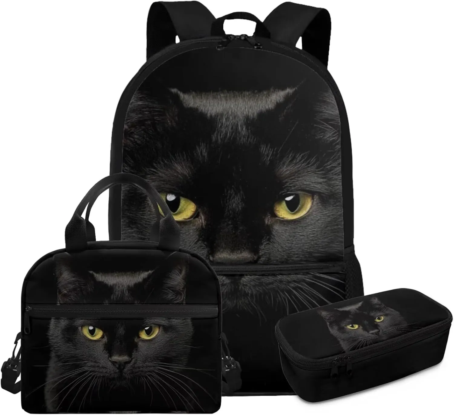 Black Cat Boys Backpack 10-12 Years Old with Lunch Box Set of 3 Lightweight 17 Inch Bookbag for Teenage Boys Classic Practical Insulated Lunch Bags for Camping