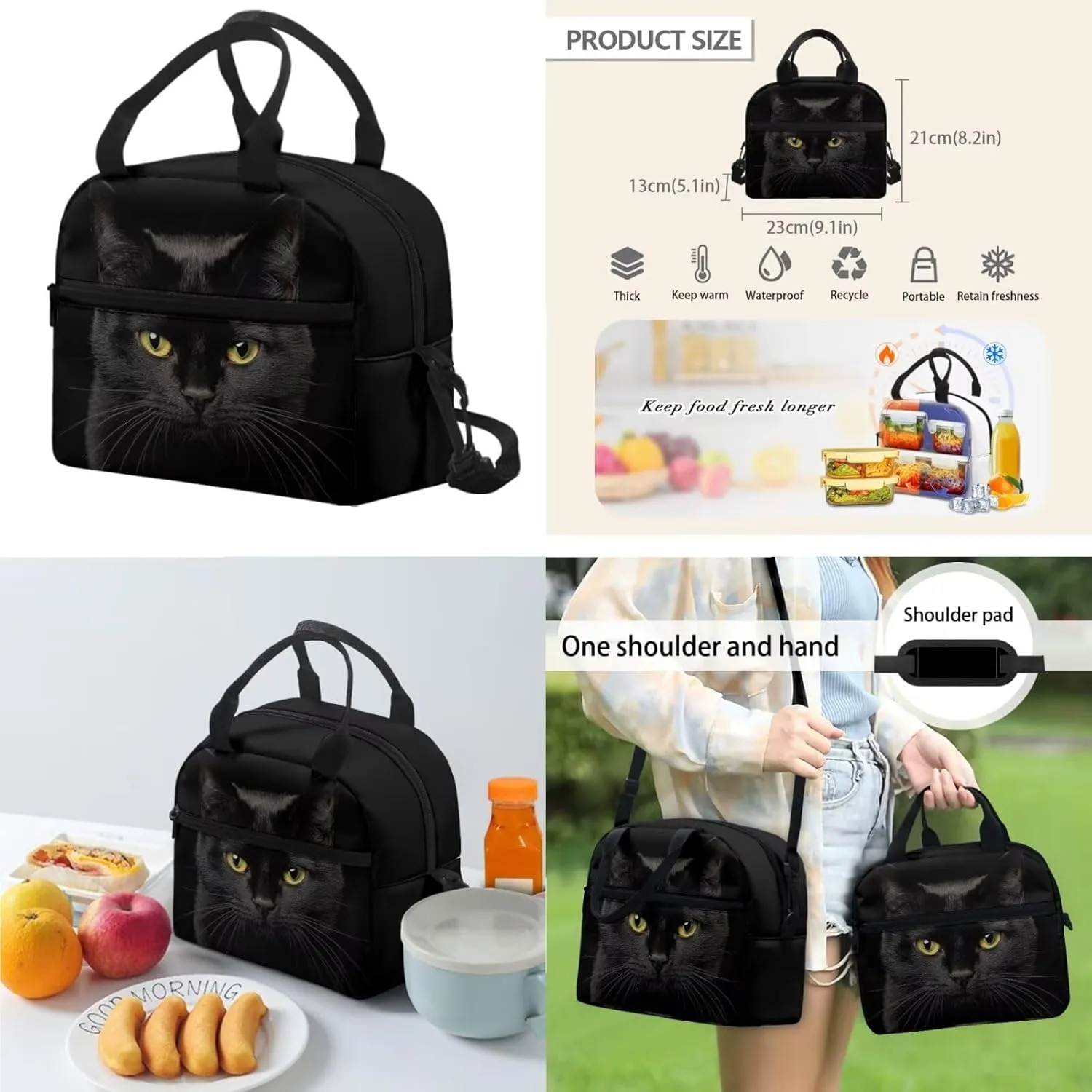 Black Cat Boys Backpack 10-12 Years Old with Lunch Box Set of 3 Lightweight 17 Inch Bookbag for Teenage Boys Classic Practical Insulated Lunch Bags for Camping