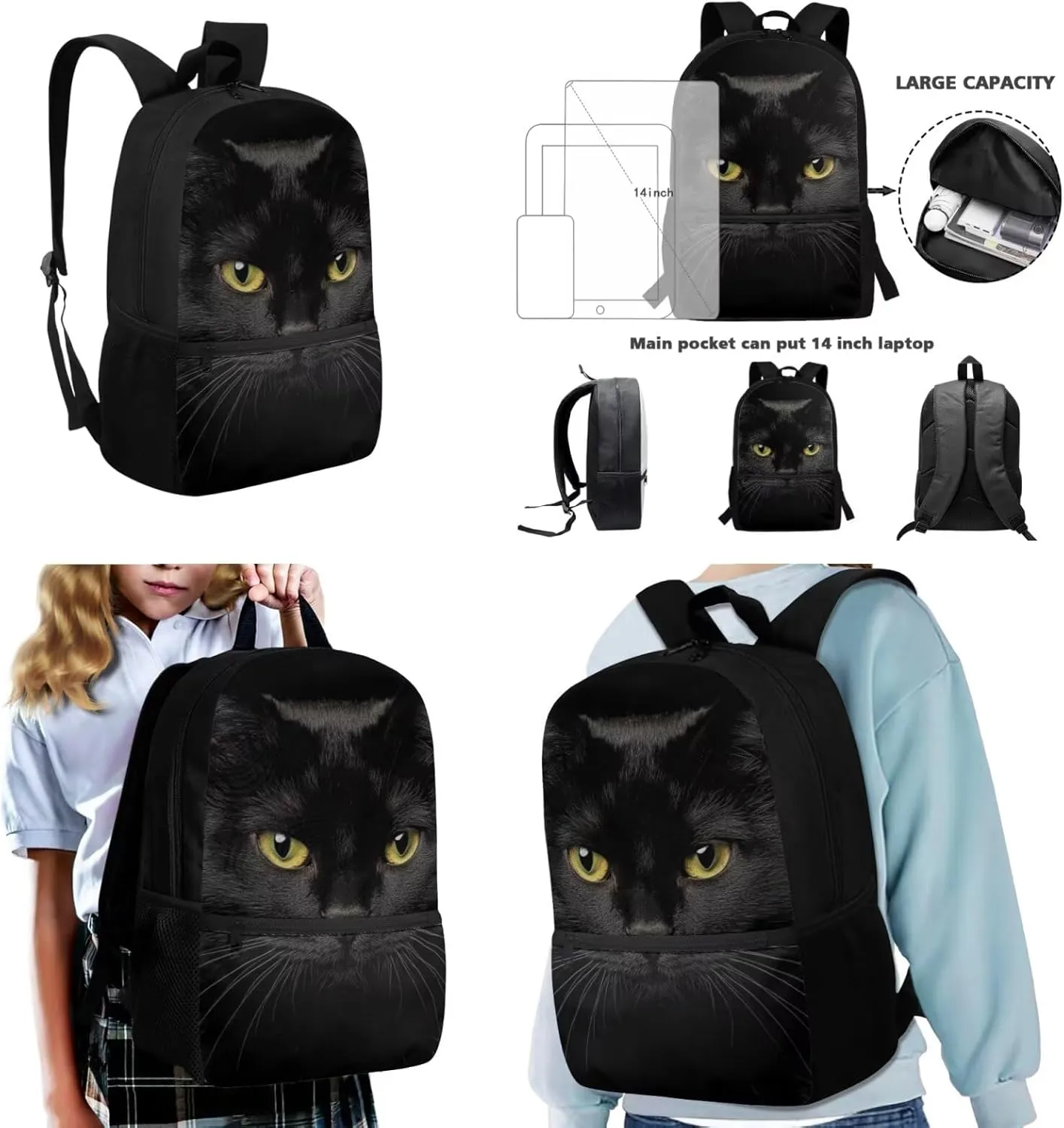 Black Cat Boys Backpack 10-12 Years Old with Lunch Box Set of 3 Lightweight 17 Inch Bookbag for Teenage Boys Classic Practical Insulated Lunch Bags for Camping