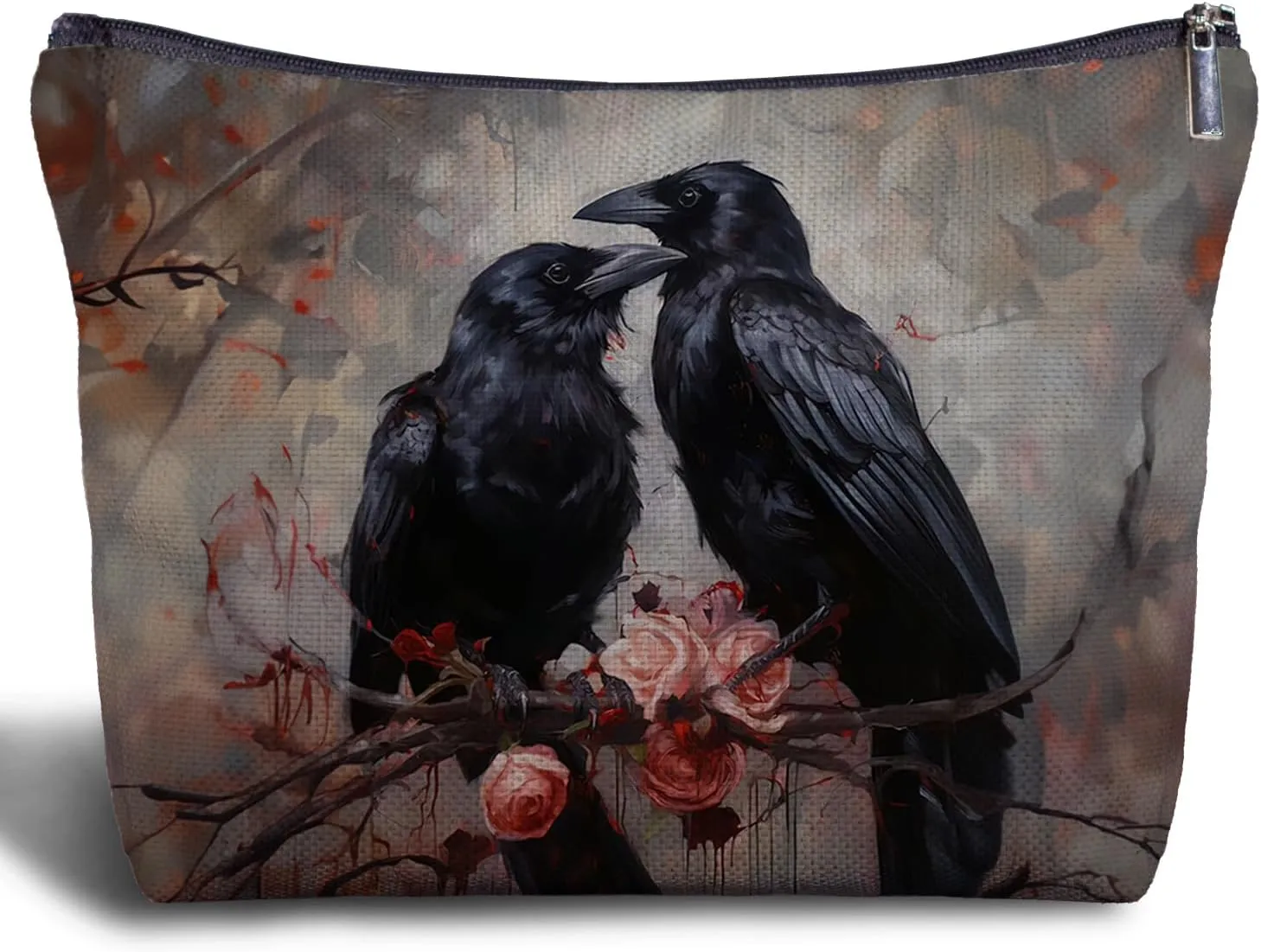 Black Raven Couple Canvas Makeup Bag - Crow Goth Makeup Bag, Crow Lover Gifts, Goth Gifts for Women, Couple Raven Cosmetic Bags for Purse Travel Bag
