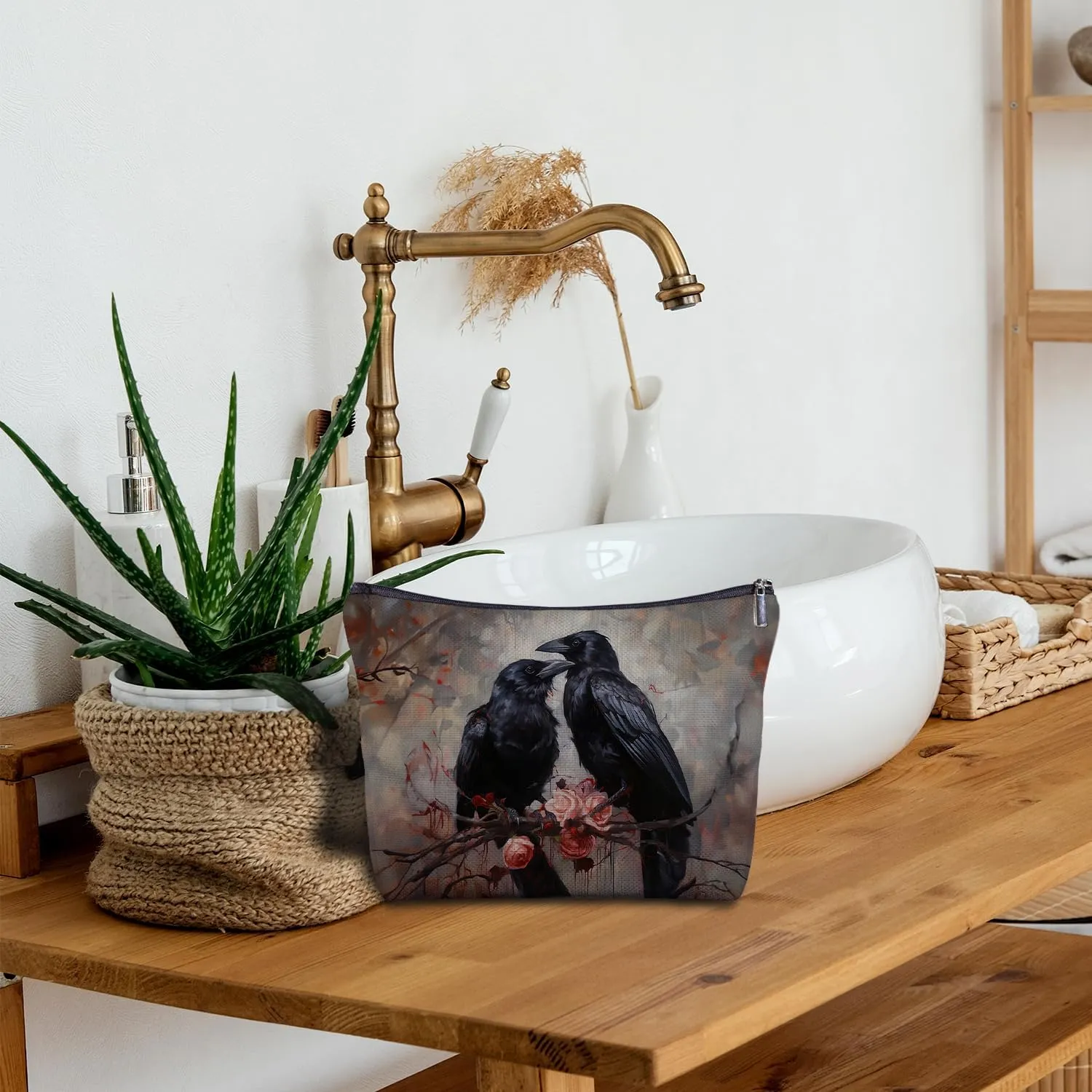 Black Raven Couple Canvas Makeup Bag - Crow Goth Makeup Bag, Crow Lover Gifts, Goth Gifts for Women, Couple Raven Cosmetic Bags for Purse Travel Bag