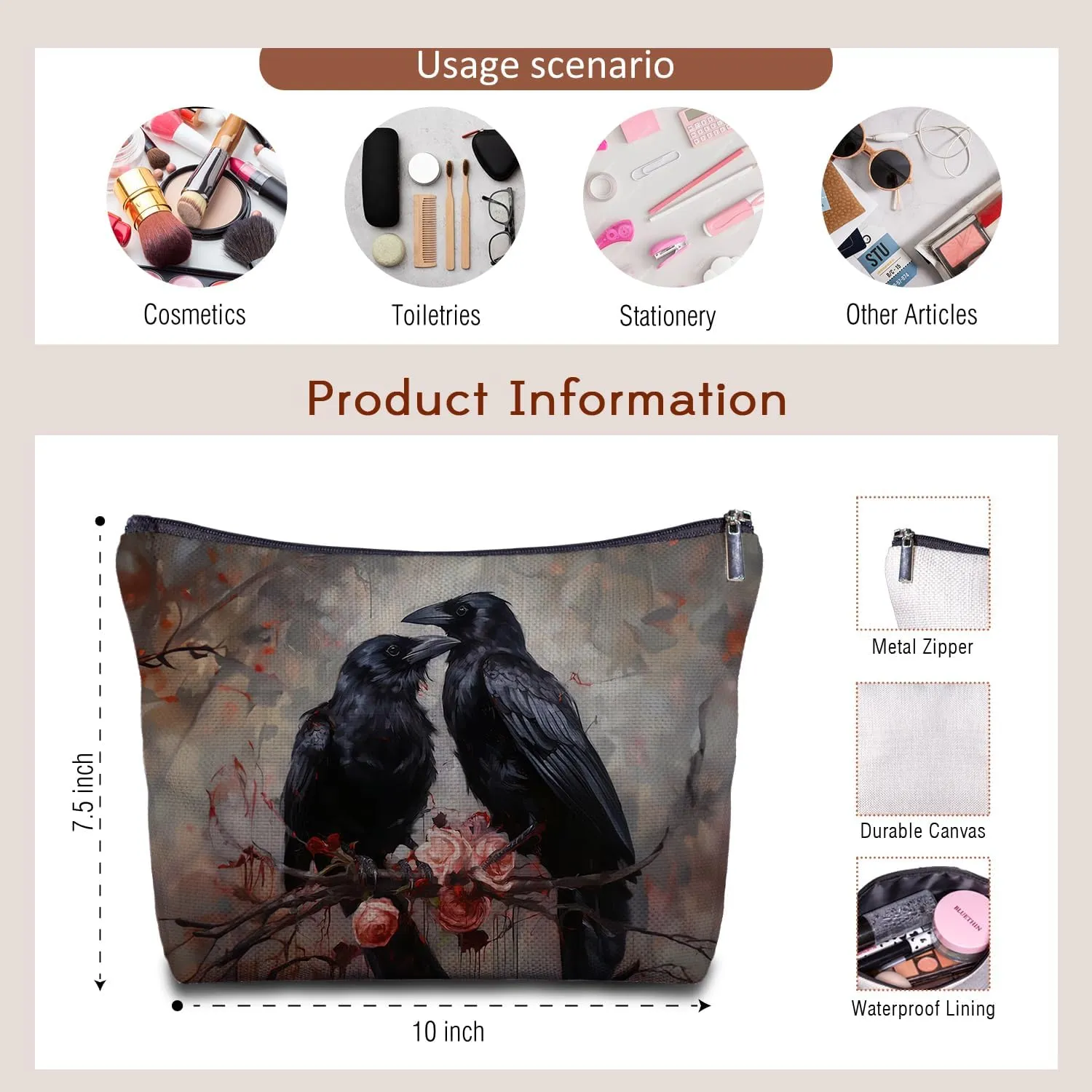 Black Raven Couple Canvas Makeup Bag - Crow Goth Makeup Bag, Crow Lover Gifts, Goth Gifts for Women, Couple Raven Cosmetic Bags for Purse Travel Bag