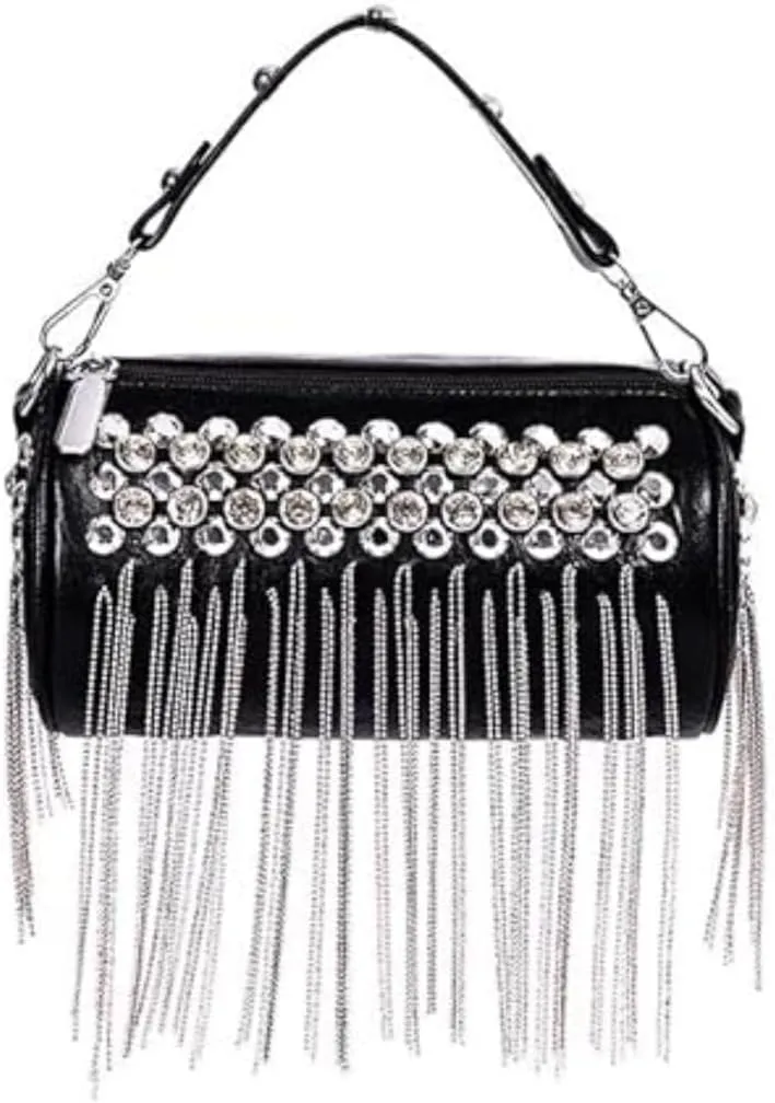 Bling Cylinder Crossbody Bag with Tassel Purse, Sparkling PU Leather Rivets Handbag Y2K Cool Street Style Chain Handbag