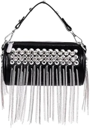 Bling Cylinder Crossbody Bag with Tassel Purse, Sparkling PU Leather Rivets Handbag Y2K Cool Street Style Chain Handbag