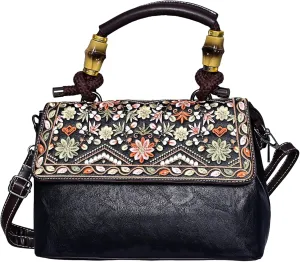 Boho Floral Embroidered Leather Handbag for Women  Vintage Crossbody Shoulder Bag with Bamboo Handle & Strap