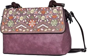 Boho Floral Embroidered Leather Handbag for Women  Vintage Crossbody Shoulder Bag with Bamboo Handle & Strap