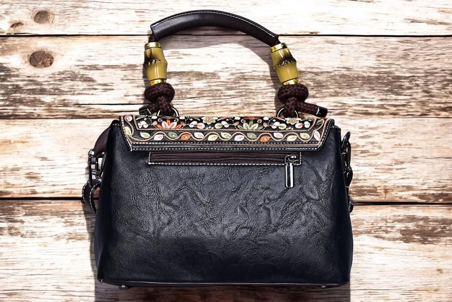Boho Floral Embroidered Leather Handbag for Women  Vintage Crossbody Shoulder Bag with Bamboo Handle & Strap