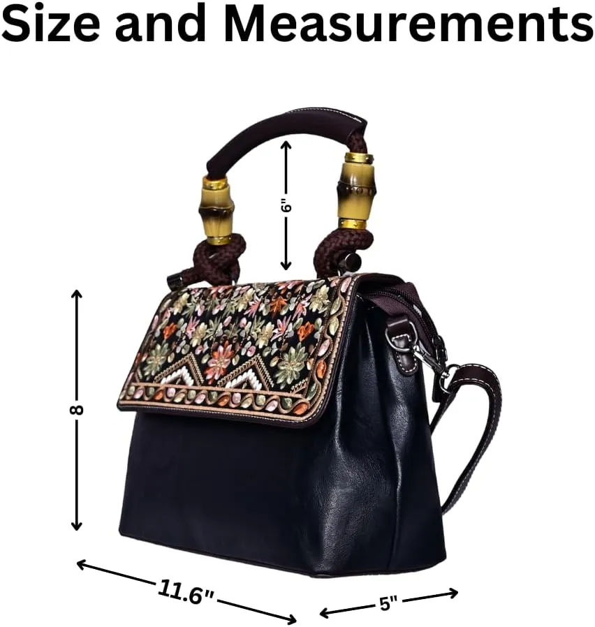Boho Floral Embroidered Leather Handbag for Women  Vintage Crossbody Shoulder Bag with Bamboo Handle & Strap