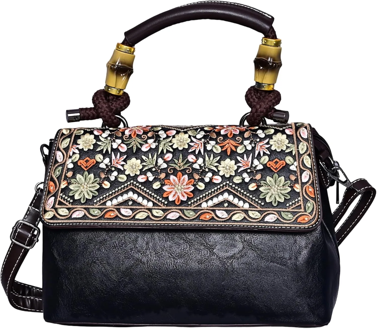 Boho Floral Embroidered Leather Handbag for Women  Vintage Crossbody Shoulder Bag with Bamboo Handle & Strap
