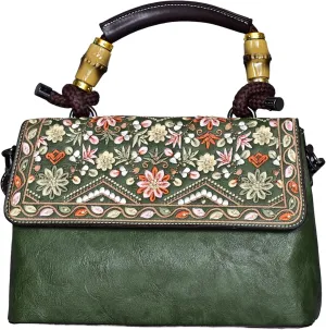 Boho Floral Embroidered Leather Handbag for Women  Vintage Crossbody Shoulder Bag with Bamboo Handle & Strap