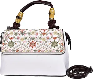 Boho Floral Embroidered Leather Handbag for Women  Vintage Crossbody Shoulder Bag with Bamboo Handle & Strap