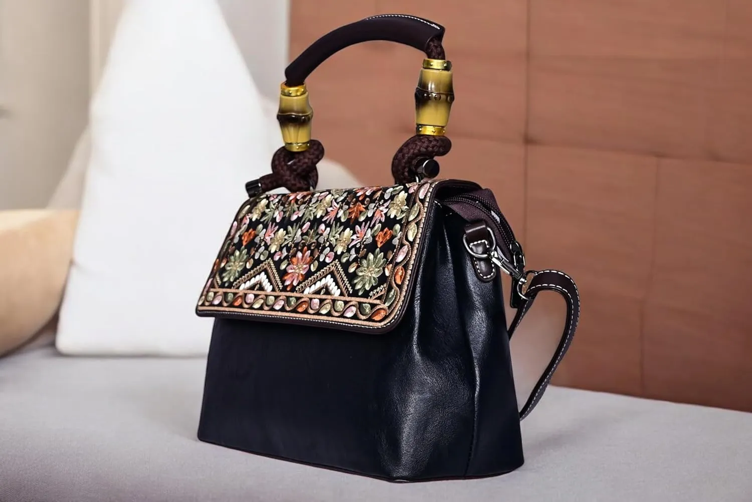 Boho Floral Embroidered Leather Handbag for Women  Vintage Crossbody Shoulder Bag with Bamboo Handle & Strap