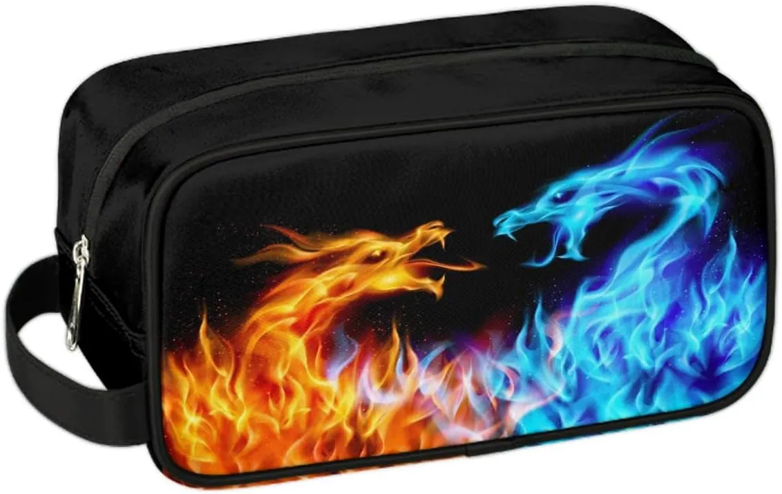 Boys Travel Toiletry Bag Fire Dragon Kids Waterproof Hanging Dopp Kit, Wash Bag with Large Capacity for Travel, Sports, Shower