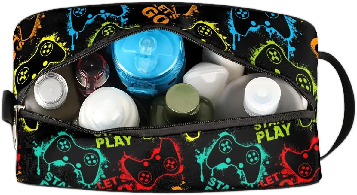 Boys Travel Toiletry Bag Gamer Gamepad Kids Waterproof Hanging Dopp Kit, Wash Bag with Large Capacity for Travel, Sports, Shower