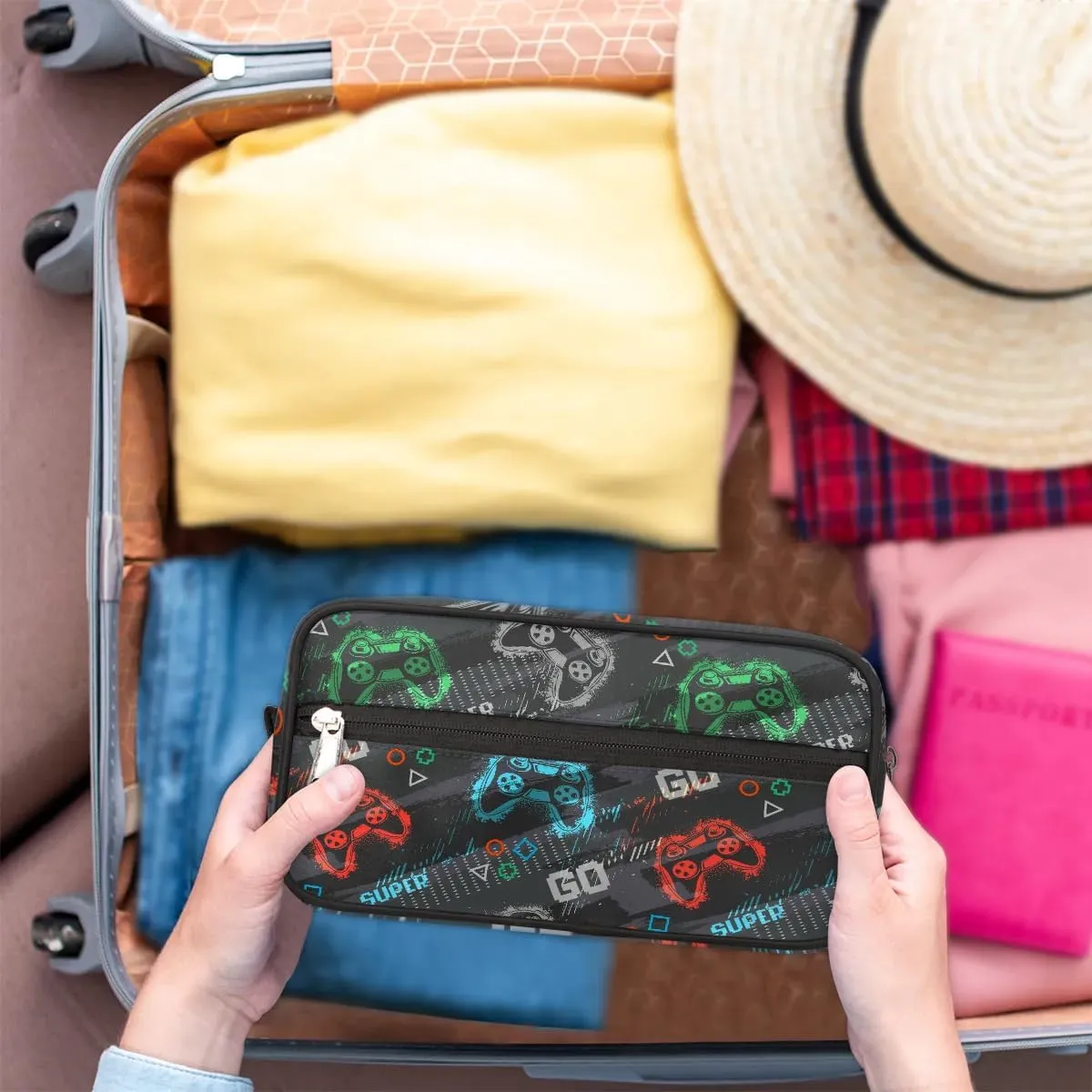 Boys Travel Toiletry Bag, Gray Game Joysticks Kids Waterproof Hanging Dopp Kit, Wash Bag with Large Capacity for Travel, Sports, Shower