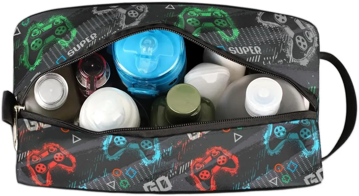 Boys Travel Toiletry Bag, Gray Game Joysticks Kids Waterproof Hanging Dopp Kit, Wash Bag with Large Capacity for Travel, Sports, Shower