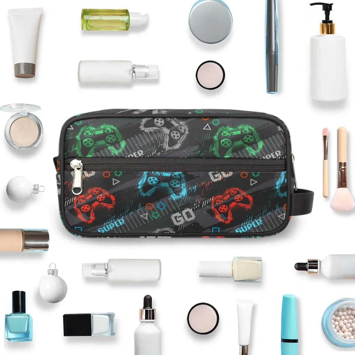 Boys Travel Toiletry Bag, Gray Game Joysticks Kids Waterproof Hanging Dopp Kit, Wash Bag with Large Capacity for Travel, Sports, Shower
