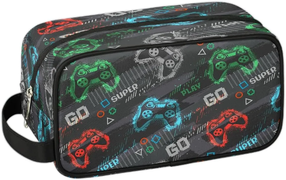 Boys Travel Toiletry Bag, Gray Game Joysticks Kids Waterproof Hanging Dopp Kit, Wash Bag with Large Capacity for Travel, Sports, Shower