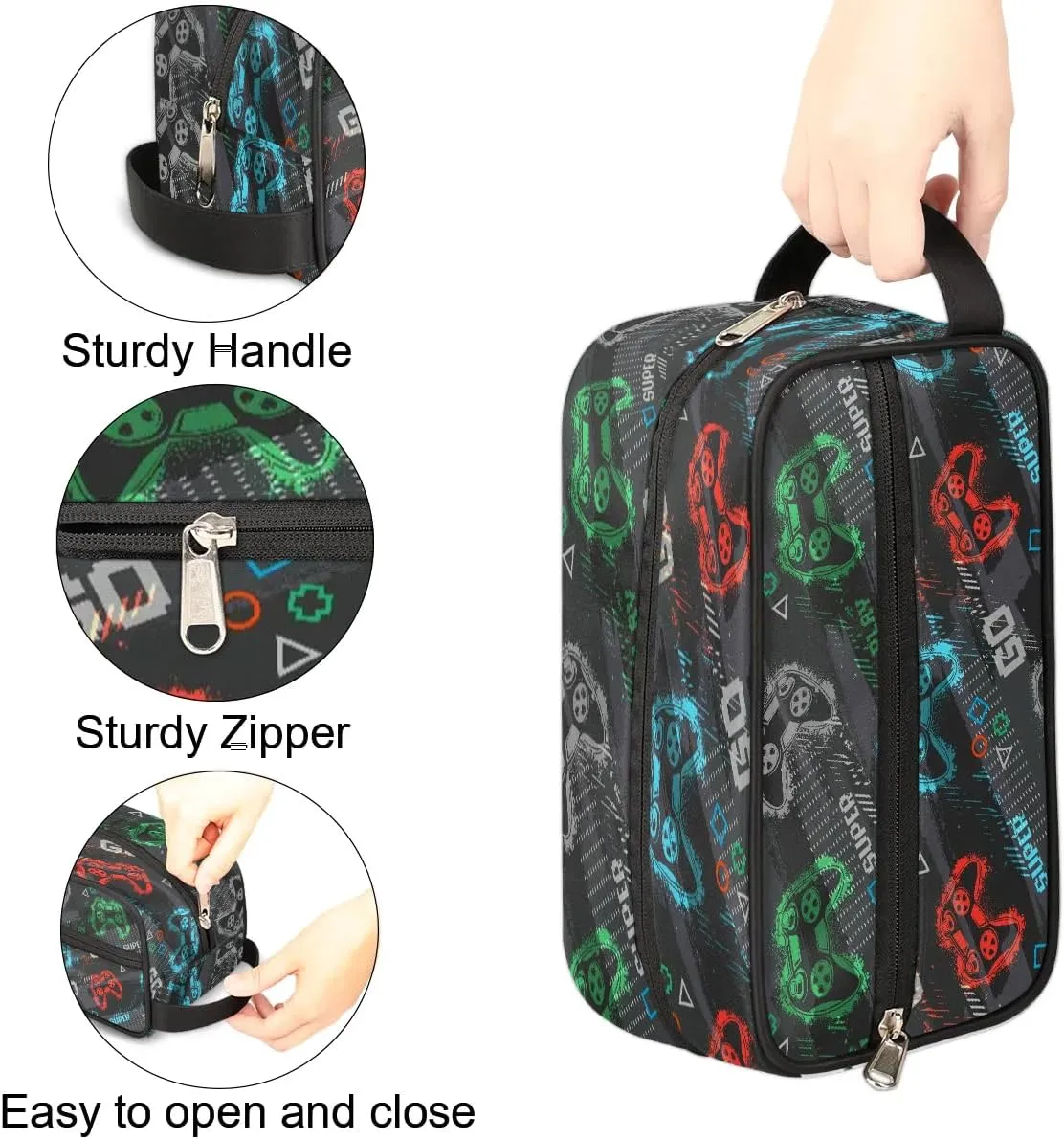 Boys Travel Toiletry Bag, Gray Game Joysticks Kids Waterproof Hanging Dopp Kit, Wash Bag with Large Capacity for Travel, Sports, Shower