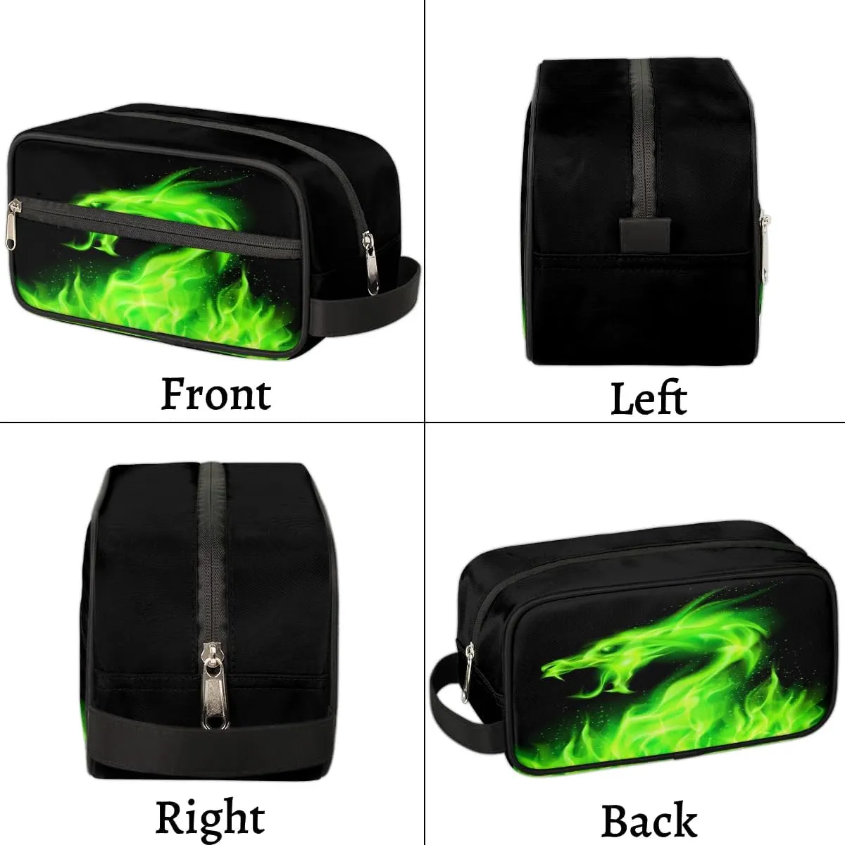 Boys Travel Toiletry Bag, Green Fire Dragon Kids Waterproof Hanging Dopp Kit, Wash Bag with Large Capacity for Travel, Sports, Shower