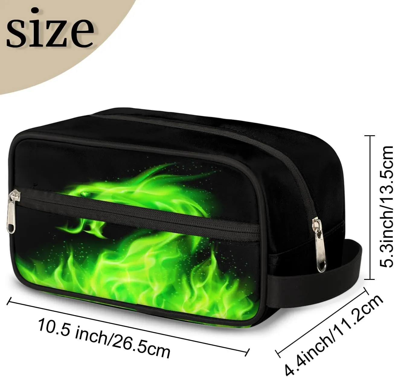 Boys Travel Toiletry Bag, Green Fire Dragon Kids Waterproof Hanging Dopp Kit, Wash Bag with Large Capacity for Travel, Sports, Shower