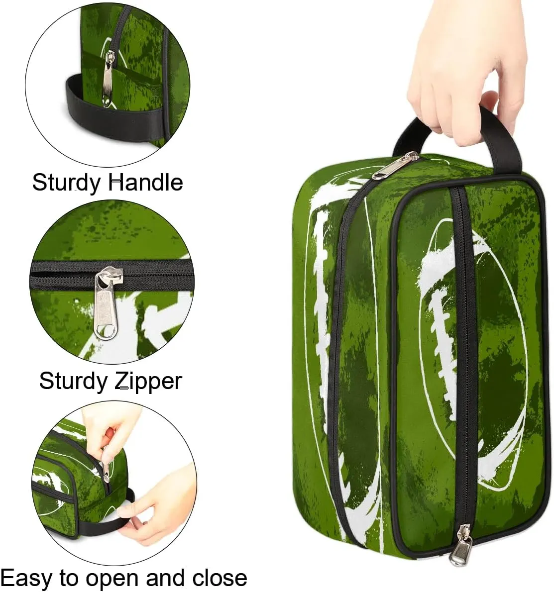 Boys Travel Toiletry Bag, Green Football Kids Waterproof Hanging Dopp Kit, Wash Bag with Large Capacity for Travel, Sports, Shower