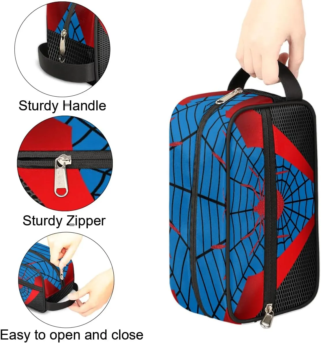 Boys Travel Toiletry Bag, Kids Waterproof Hanging Dopp Kit, Blue Spider Web Wash Bag with Large Capacity for Travel, Sports, Shower