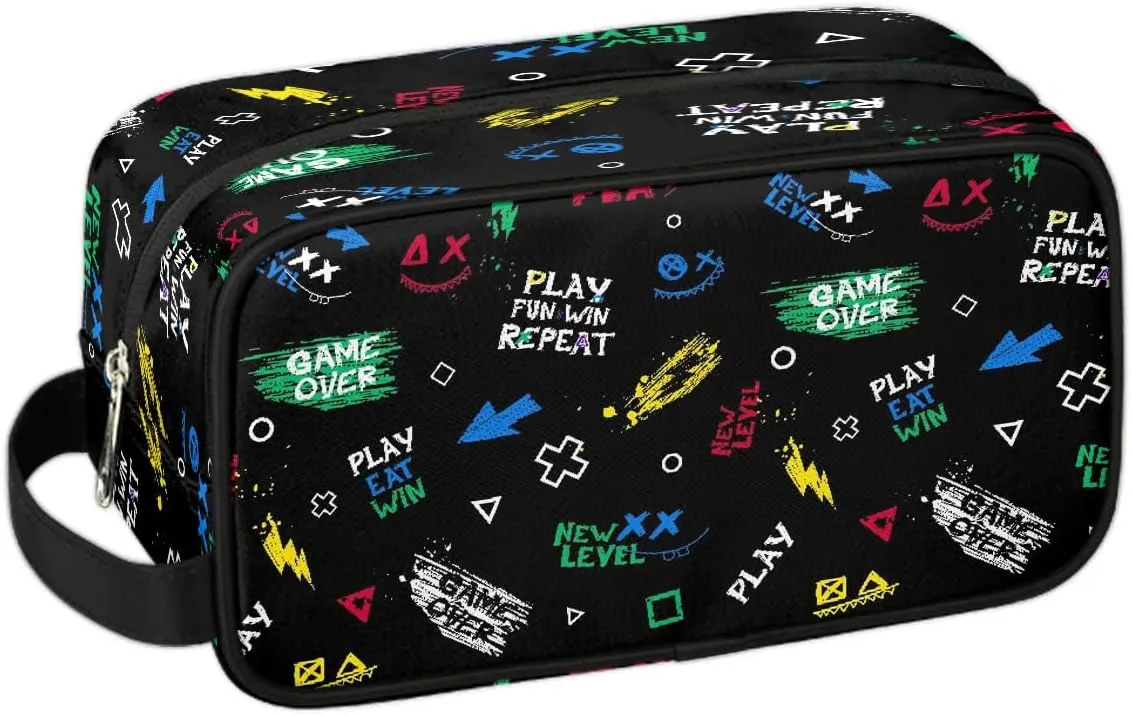 Boys Travel Toiletry Bag, Kids Waterproof Hanging Dopp Kit, Play Eat Win Wash Bag with Large Capacity for Travel, Sports, Shower