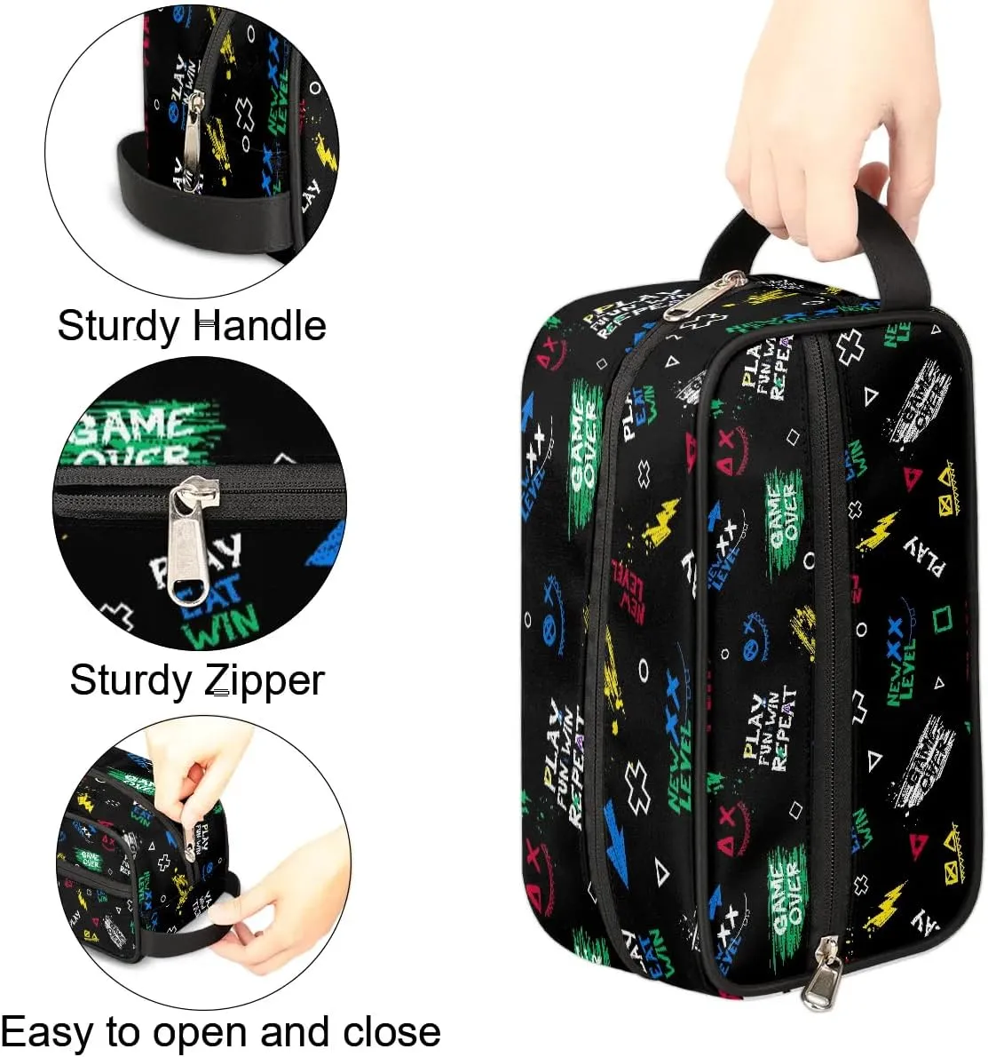 Boys Travel Toiletry Bag, Kids Waterproof Hanging Dopp Kit, Play Eat Win Wash Bag with Large Capacity for Travel, Sports, Shower