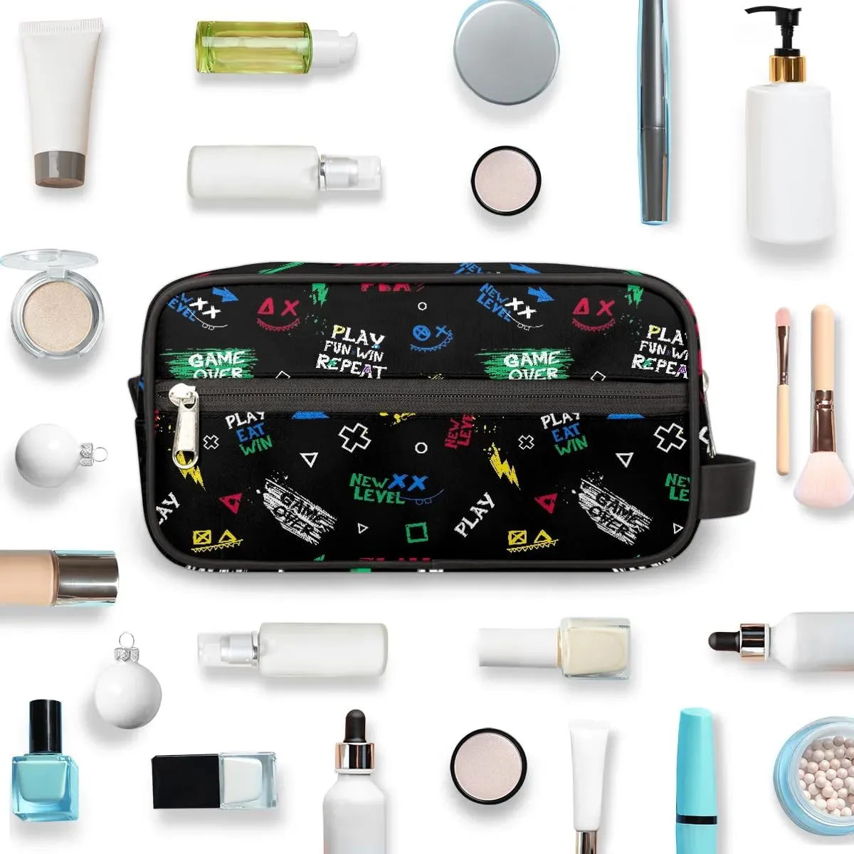 Boys Travel Toiletry Bag, Kids Waterproof Hanging Dopp Kit, Play Eat Win Wash Bag with Large Capacity for Travel, Sports, Shower