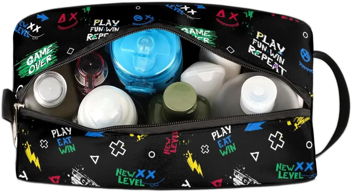 Boys Travel Toiletry Bag, Kids Waterproof Hanging Dopp Kit, Play Eat Win Wash Bag with Large Capacity for Travel, Sports, Shower