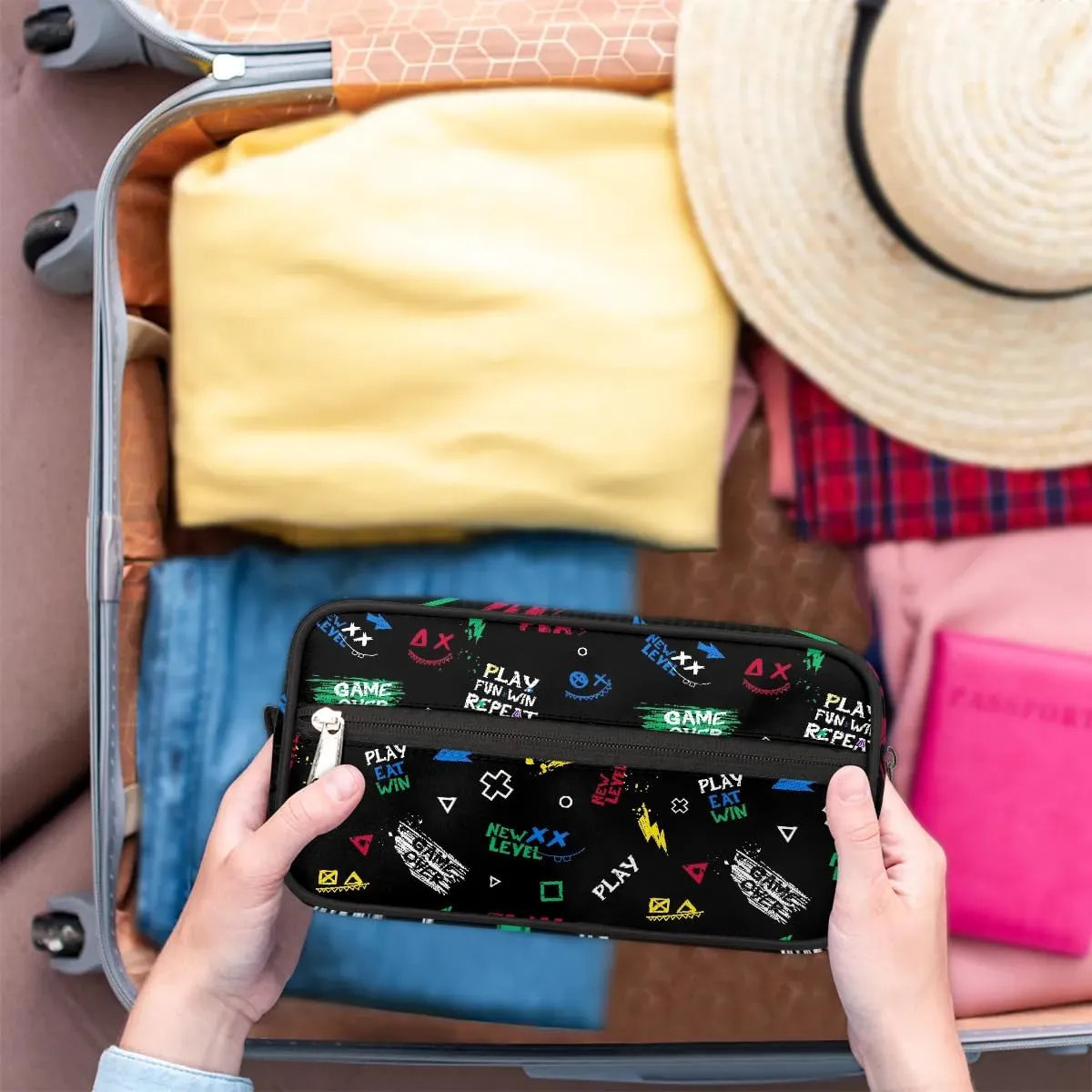 Boys Travel Toiletry Bag, Kids Waterproof Hanging Dopp Kit, Play Eat Win Wash Bag with Large Capacity for Travel, Sports, Shower