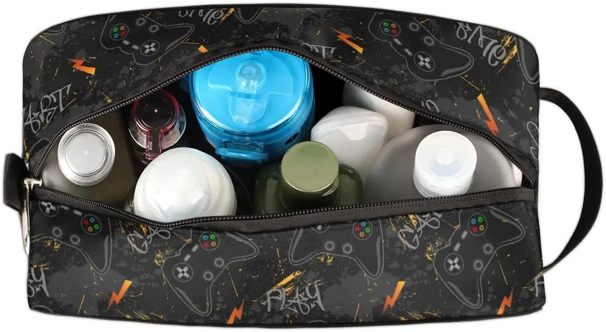 Boys Travel Toiletry Bag, Kids Waterproof Hanging Dopp Kit, Wash Bag with Large Capacity for Travel, Sports, Shower, Black Video Game
