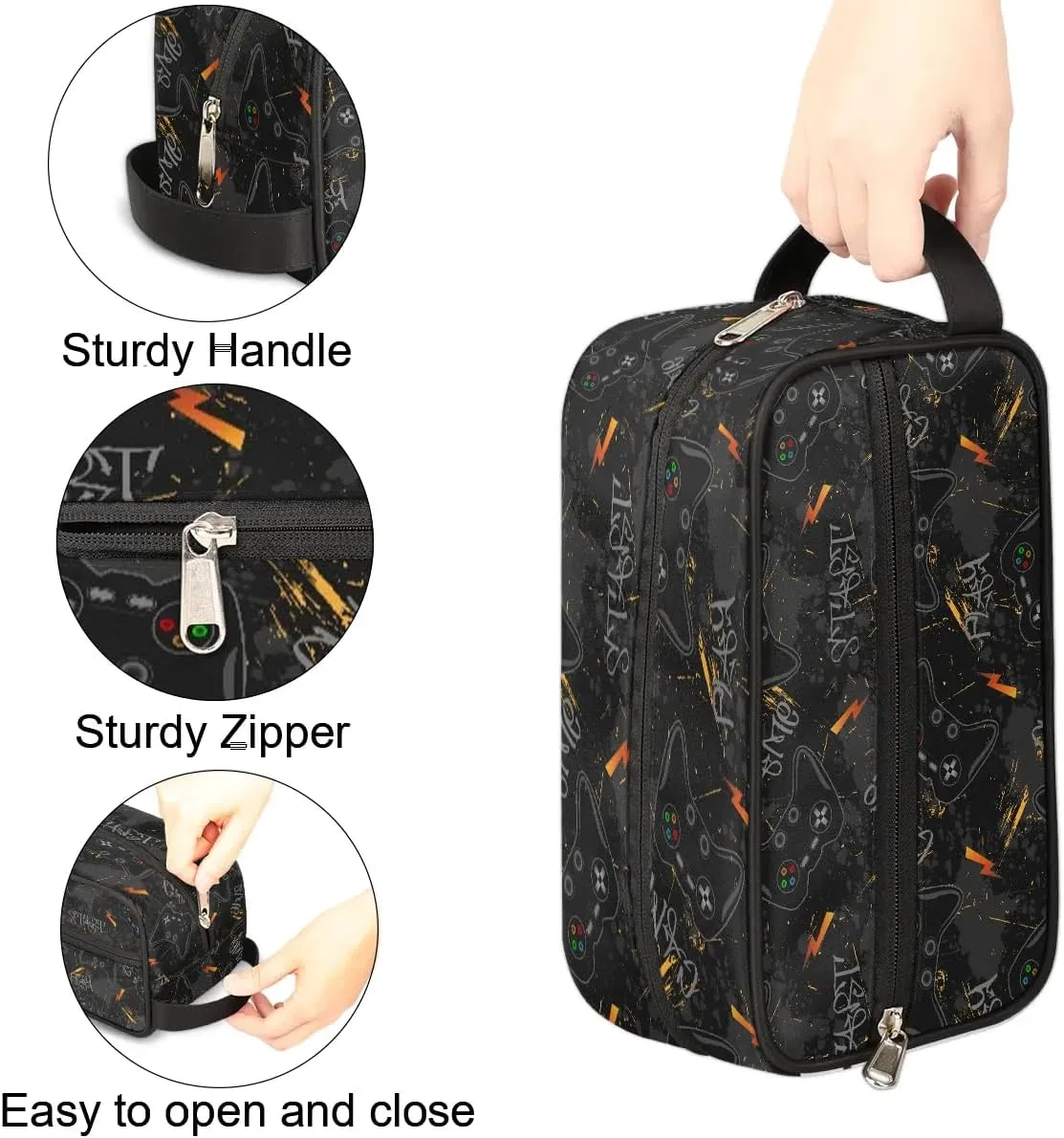 Boys Travel Toiletry Bag, Kids Waterproof Hanging Dopp Kit, Wash Bag with Large Capacity for Travel, Sports, Shower, Black Video Game