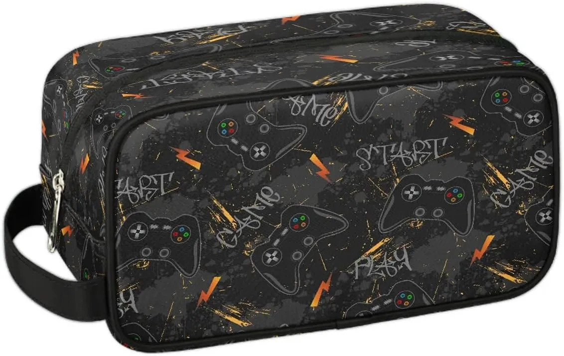 Boys Travel Toiletry Bag, Kids Waterproof Hanging Dopp Kit, Wash Bag with Large Capacity for Travel, Sports, Shower, Black Video Game