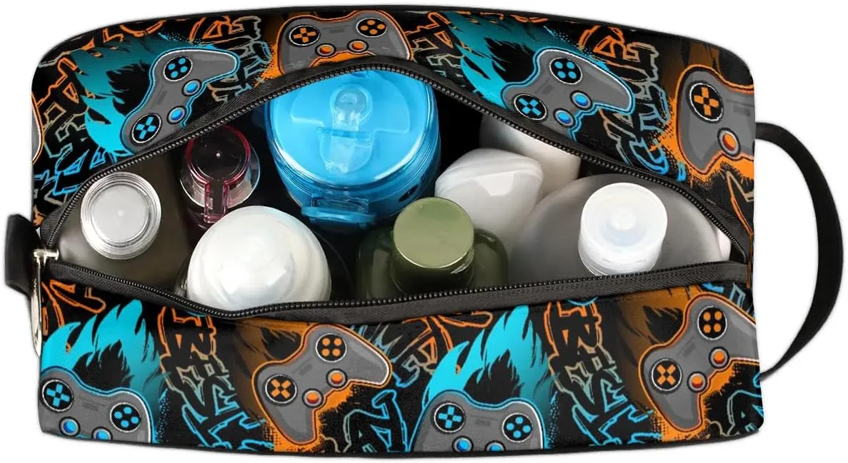 Boys Travel Toiletry Bag, Kids Waterproof Hanging Dopp Kit, Wash Bag with Large Capacity for Travel, Sports, Shower, Blue Gamer Gamepad
