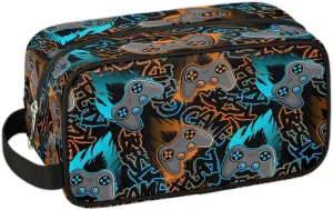 Boys Travel Toiletry Bag, Kids Waterproof Hanging Dopp Kit, Wash Bag with Large Capacity for Travel, Sports, Shower, Blue Gamer Gamepad