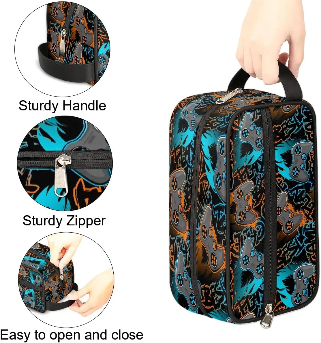 Boys Travel Toiletry Bag, Kids Waterproof Hanging Dopp Kit, Wash Bag with Large Capacity for Travel, Sports, Shower, Blue Gamer Gamepad