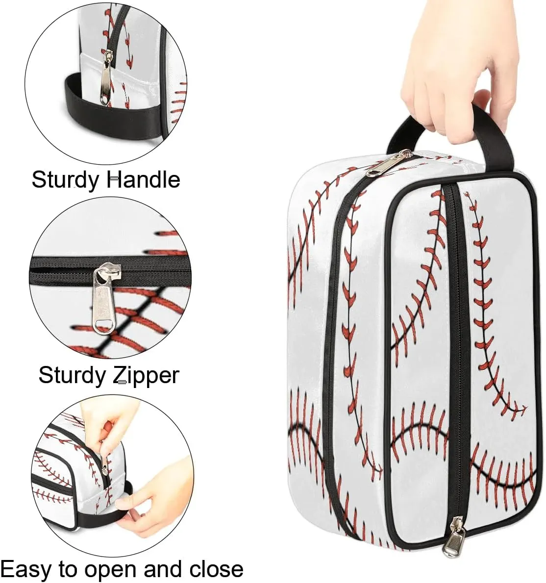 Boys Travel Toiletry Bag, Kids Waterproof Hanging Dopp Kit, White Baseball Wash Bag with Large Capacity for Travel, Sports, Shower
