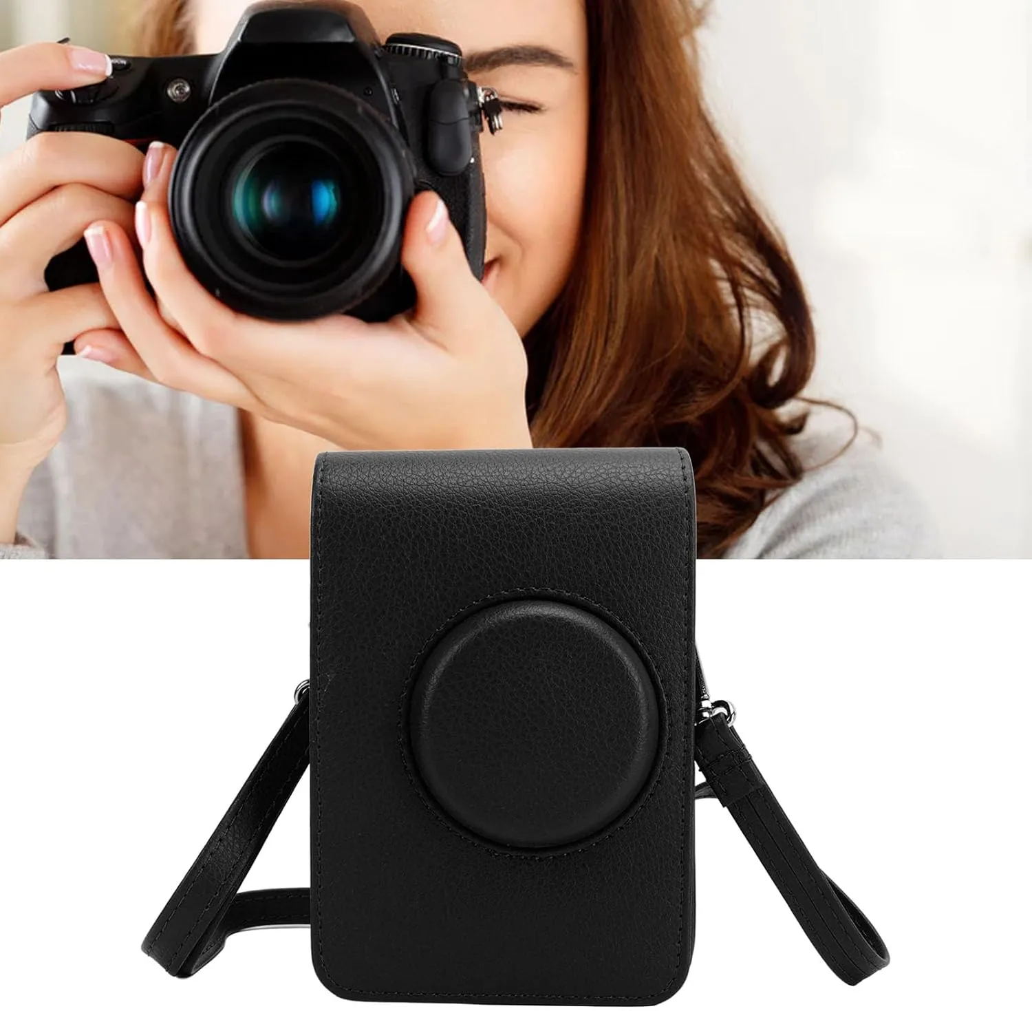 Camera Bag Retro Camera Pouch Case PU Leather Adjustable Strap Soft Liner Camera Case for Mini Photography (Black)